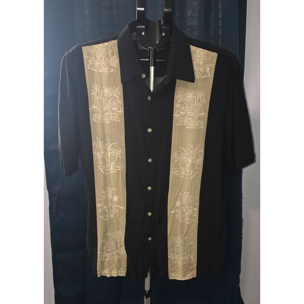 Croft & Barrow Black Beige Cuban Guayberea Shirt Size Large L Button